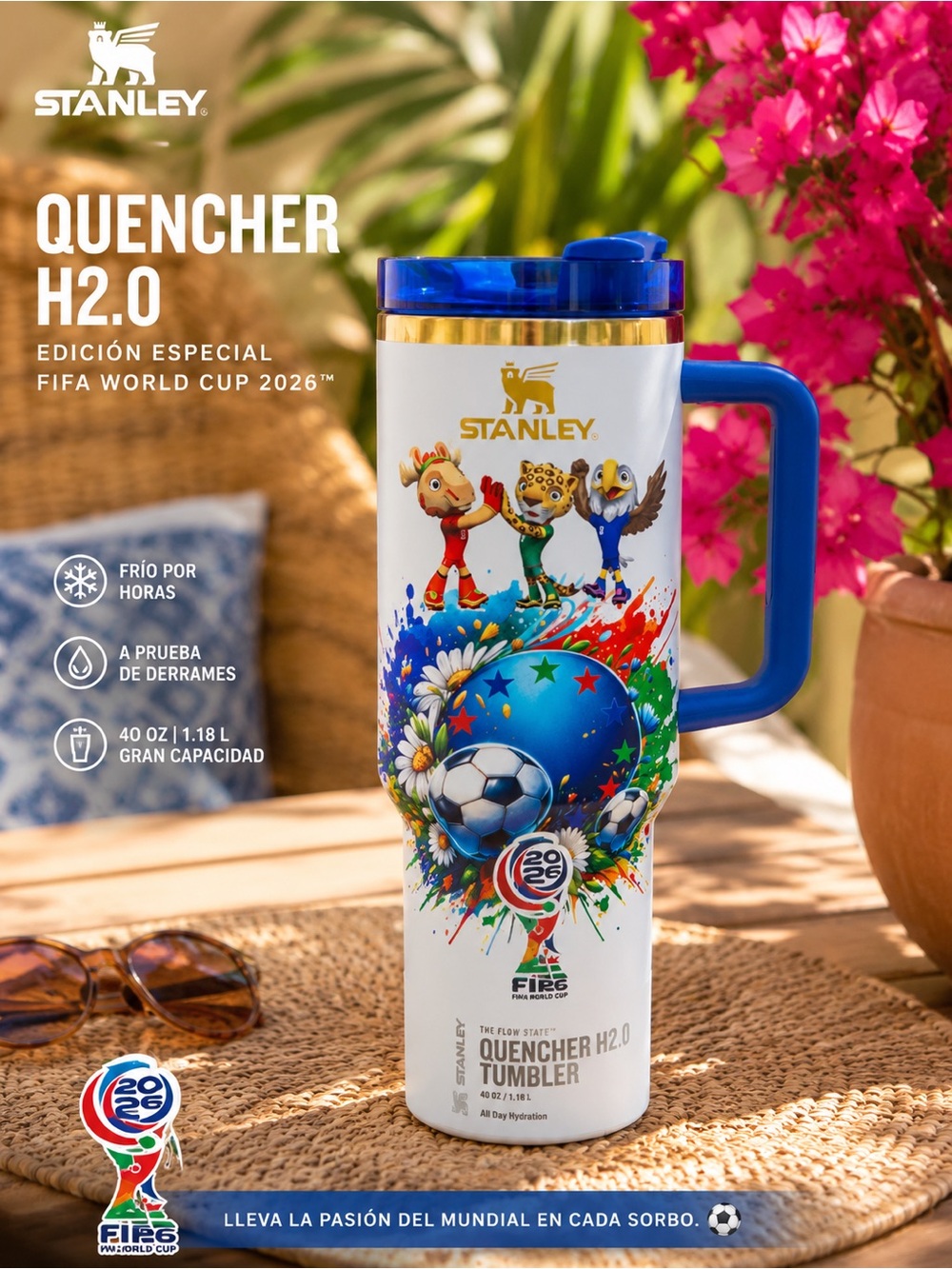 Stanley Quencher H2.0 Tumbler in White & Blue with FIFA World Cup Artwork